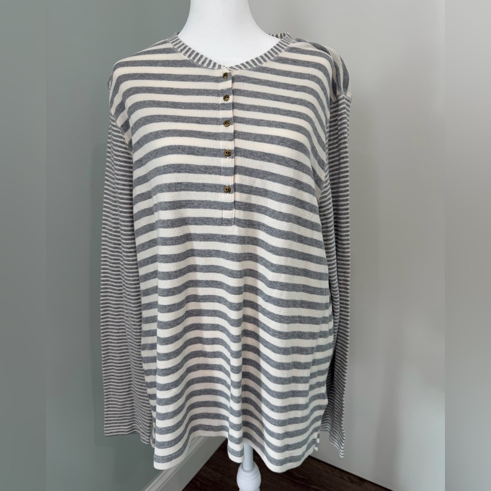 Chaps 1/2-Button Henley Thermal Knit Shirt Top Ivory & Gray Stripes Size XXL NWT